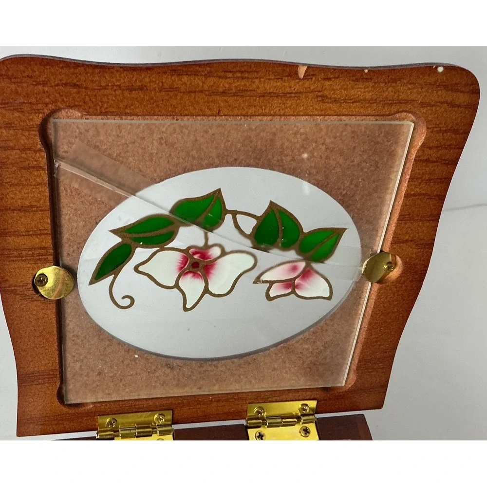 Wooden Jewelry Box Floral Glass‎ Inlay Small Brown Trinket Case